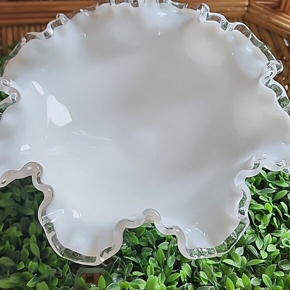 Vintage Silver Crested Fenton Milk Glass Bowl Pedestal Compote Coquette Bridal - Picture 2 of 10